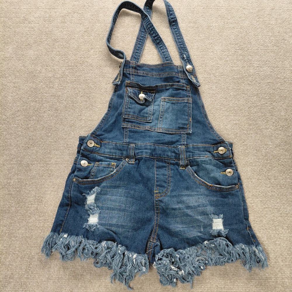 Almost Famous Womans Distressed Denim Jean Shortall Bibs Size 3 Raw Hem Fringe